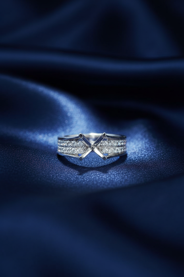 14K White Gold Three-Row Pavé Diamond Semi-Mount Engagement Ring on midnight blue silk backdrop editorial marketing image