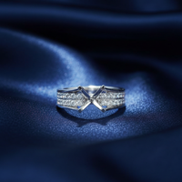 14K White Gold Three-Row Pavé Diamond Semi-Mount Engagement Ring on midnight blue silk backdrop editorial marketing image