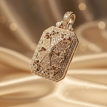 18K white gold .51ctw diamond art deco filigree cross pendant, elevated three-quarter view