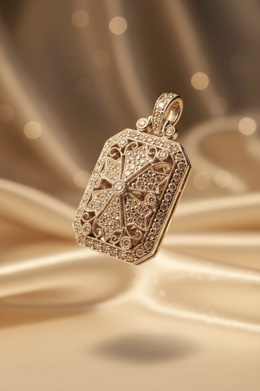 18K white gold .51ctw diamond art deco filigree cross pendant, elevated three-quarter view