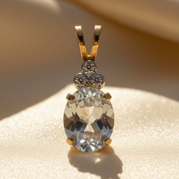 14K Yellow Gold Oval Aquamarine & Diamond Pendant - editorial three-quarter