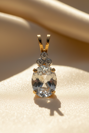 14K Yellow Gold Oval Aquamarine & Diamond Pendant - editorial three-quarter
