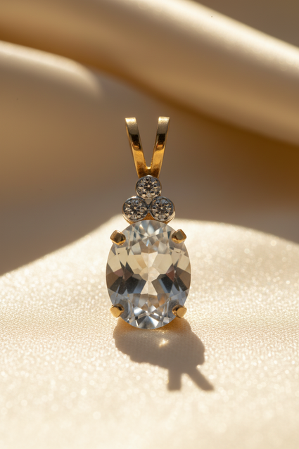 14K Yellow Gold Oval Aquamarine & Diamond Pendant - editorial three-quarter