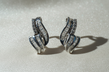18K White Gold Baguette & Round Diamond Sculptural Earrings - Pair View