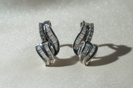18K White Gold Baguette & Round Diamond Sculptural Earrings - Pair View