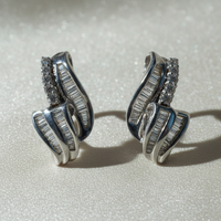 18K White Gold Baguette & Round Diamond Sculptural Earrings - Pair View