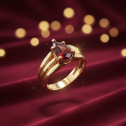 14K yellow gold pear garnet solitaire ring luxury editorial marketing photo