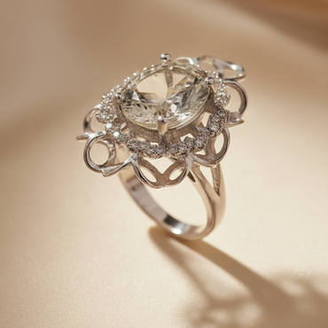 Sterling Silver White Topaz Filigree Halo Ring – Three-Quarter View