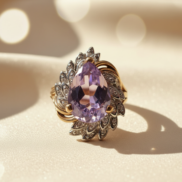 14K Yellow Gold Pear Amethyst & Diamond Ring - Editorial Top View