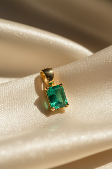 14K Yellow Gold Emerald Cut Emerald Pendant - Angle View
