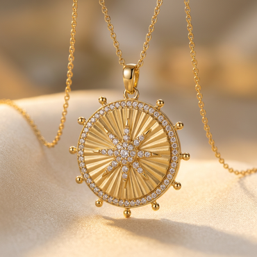 DOV 18K yellow gold Sunshine Pendant with included chain, angled view