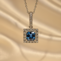 14K White Gold Blue Sapphire Square Halo Pendant - Editorial Front