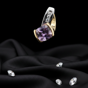 10K Two-Tone Gold Cushion Amethyst Diamond Pendant - Full View