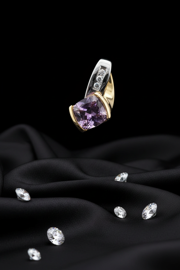 10K Two-Tone Gold Cushion Amethyst Diamond Pendant - Full View
