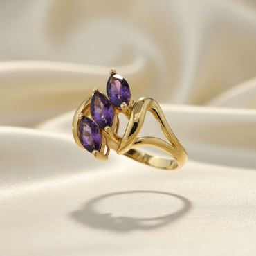 10K Yellow Gold Three-Stone Marquise Amethyst Fan Ring - Side Profile View