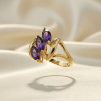 10K Yellow Gold Three-Stone Marquise Amethyst Fan Ring - Side Profile View