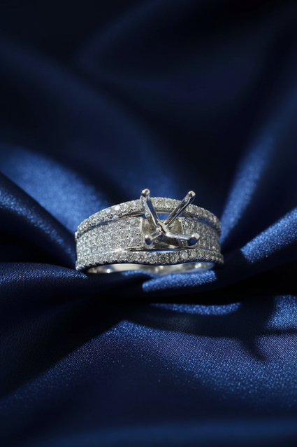 14K White Gold Wide Tapered Pavé Diamond Semi-Mount Engagement Ring on midnight blue silk backdrop editorial marketing image