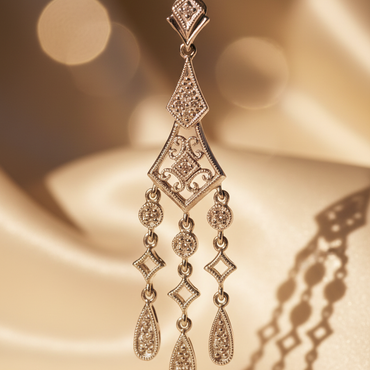 14K white gold Art Deco diamond chandelier earrings - editorial marketing image