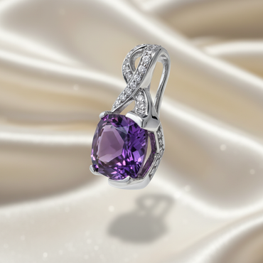 18K White Gold Cushion-Cut Amethyst Pendant with Diamond Infinity Twist Bail - Three-Quarter View