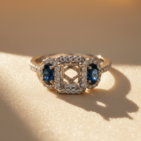 14K White Gold Sapphire & Diamond Three-Stone Halo Semi-Mount - editorial hero front