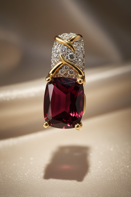 14K two-tone gold garnet and pink topaz diamond pendant front view