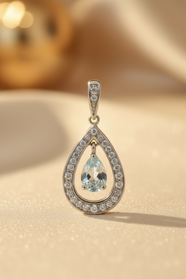 10K White Gold Pear Aquamarine Floating Teardrop Diamond Pendant - editorial front