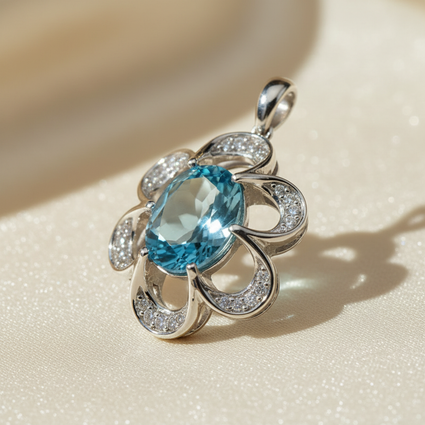 10K white gold blue topaz and diamond flower pendant, three-quarter angle