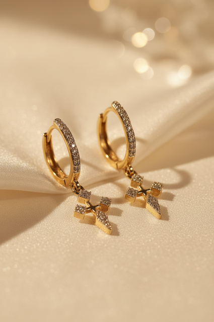 14K Yellow Gold 1/6ctw Diamond Cross Huggie Earrings - angle 1