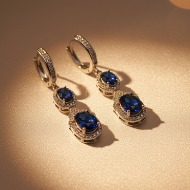 Front view of sterling silver blue sapphire double halo drop earrings pair
