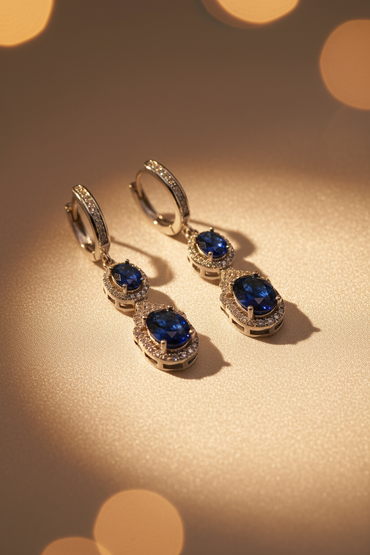 Front view of sterling silver blue sapphire double halo drop earrings pair