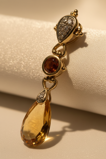 14K Yellow Gold Citrine Madeira Citrine & Diamond Drop Pendant - editorial three quarter