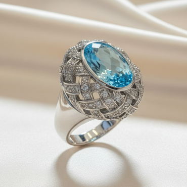 18K White Gold Aquamarine Diamond Dome Ring – Three-Quarter View
