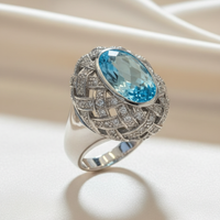 18K White Gold Aquamarine Diamond Dome Ring – Three-Quarter View