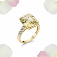 Lime quartz ring three quarter view with white and pink rose petals