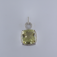 Large Cushion-Cut Lemon Quartz & Diamond Halo Pendant in White Gold