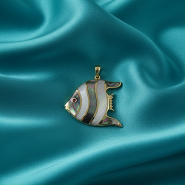Mother of Pearl & Abalone Angelfish Pendant — Turquoise Silk
