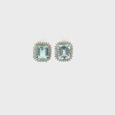 14K White Gold .84CTW Diamond 12X10 Emerald Shape Aquamarine Earrings