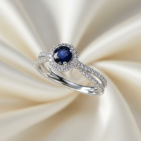 Round Sapphire Halo Ring with Double Pavé Split Shank in White Gold