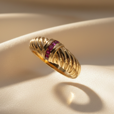 Ruby Channel-Set Ribbed Dome Band in Yellow Gold