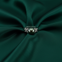 Tahitian Pearl & Diamond Ring — Forest Green Silk