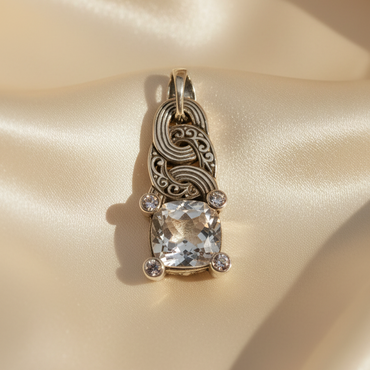 Sterling Silver & 18K Yellow Gold White Topaz Cushion-Cut Wave Filigree Pendant