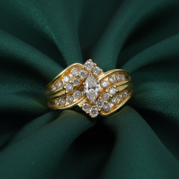 Yellow Gold Marquise Diamond Cluster Ring - Forest Green Silk