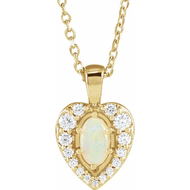 14K Yellow Natural White Opal Cabochon & 1/8 CTW Natural Diamond 16-18" Necklace