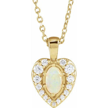 14K Yellow Natural White Opal Cabochon & 1/8 CTW Natural Diamond 16-18