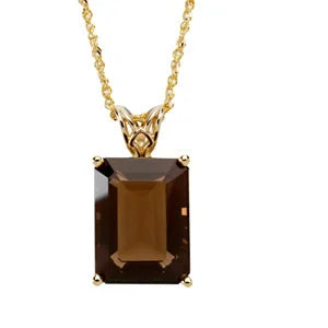 14K Yellow 16x12 mm Emerald Smoky Quartz Solitaire 18" Necklace