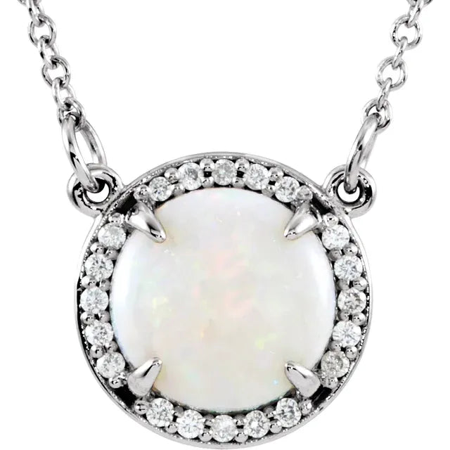 14K White Natural White Opal & .05 CTW Natural Diamond 16" Necklace