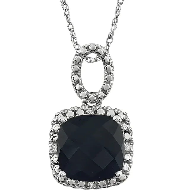 14K White Natural Black Onyx & .03 CTW Natural Diamond 18" Necklace