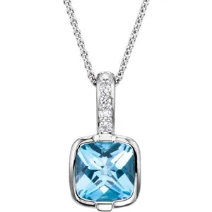 14K White Swiss Blue Topaz & .05 CTW Diamond 18" Necklace