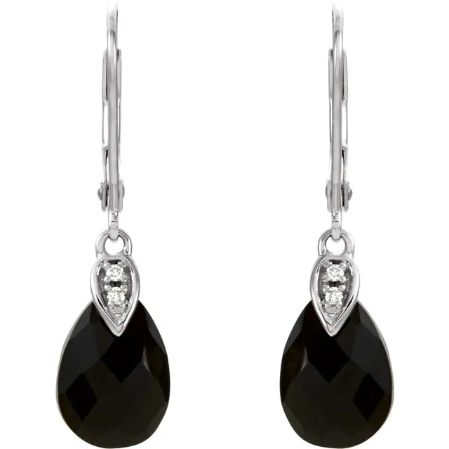 14K White Natural Briolette Onyx & .025 CTW Natural Diamond Earrings