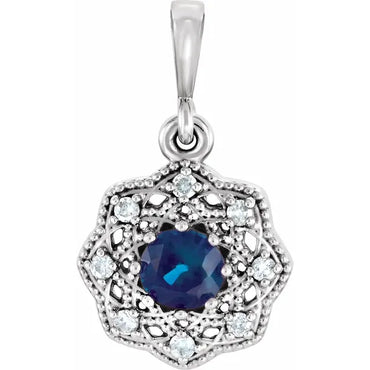 14K White Natural Blue Sapphire & .06 CTW Natural Diamond Halo-Style Pendant